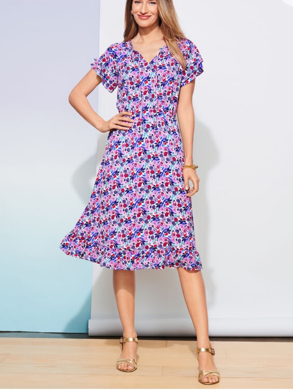 Talbots PARADISE FLORAL POPOVER Dress ditzy floral short sleeve keyhole size 10